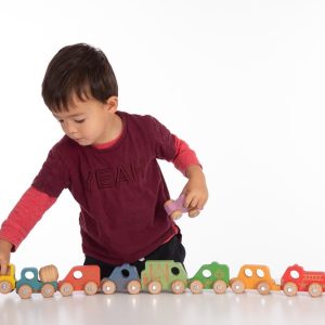 Kind speelt met TickiT gekleurde houten voertuigen